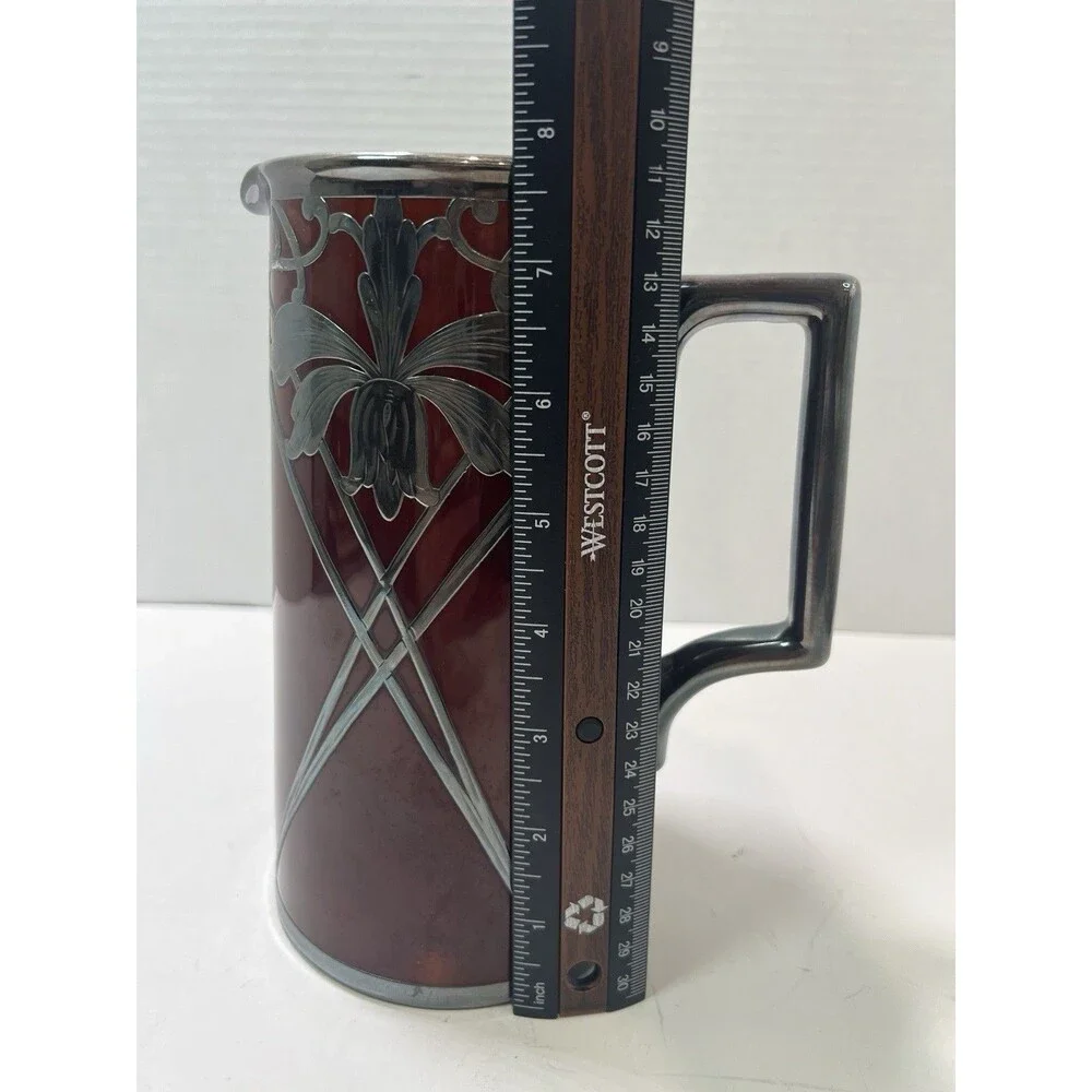 Antique LENOX Silver Overlay Chocolate Pot Pitcher Burgundy Art Nouveau No Lid